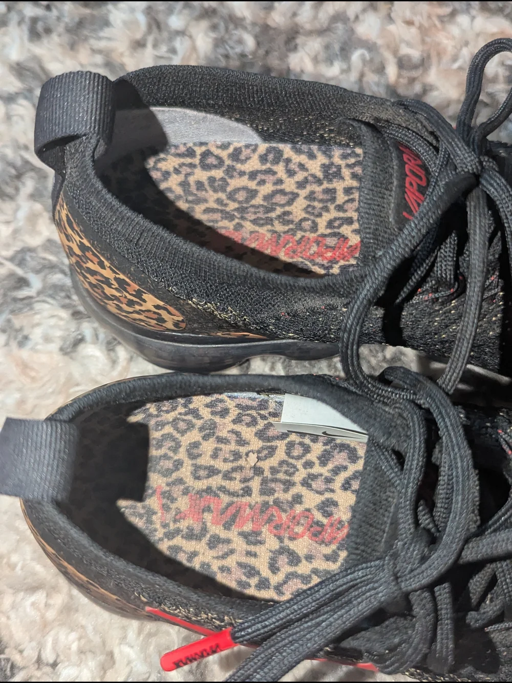 Nike Air VaporMax Flyknit Sneakers - Black with Red & Leopard Accent